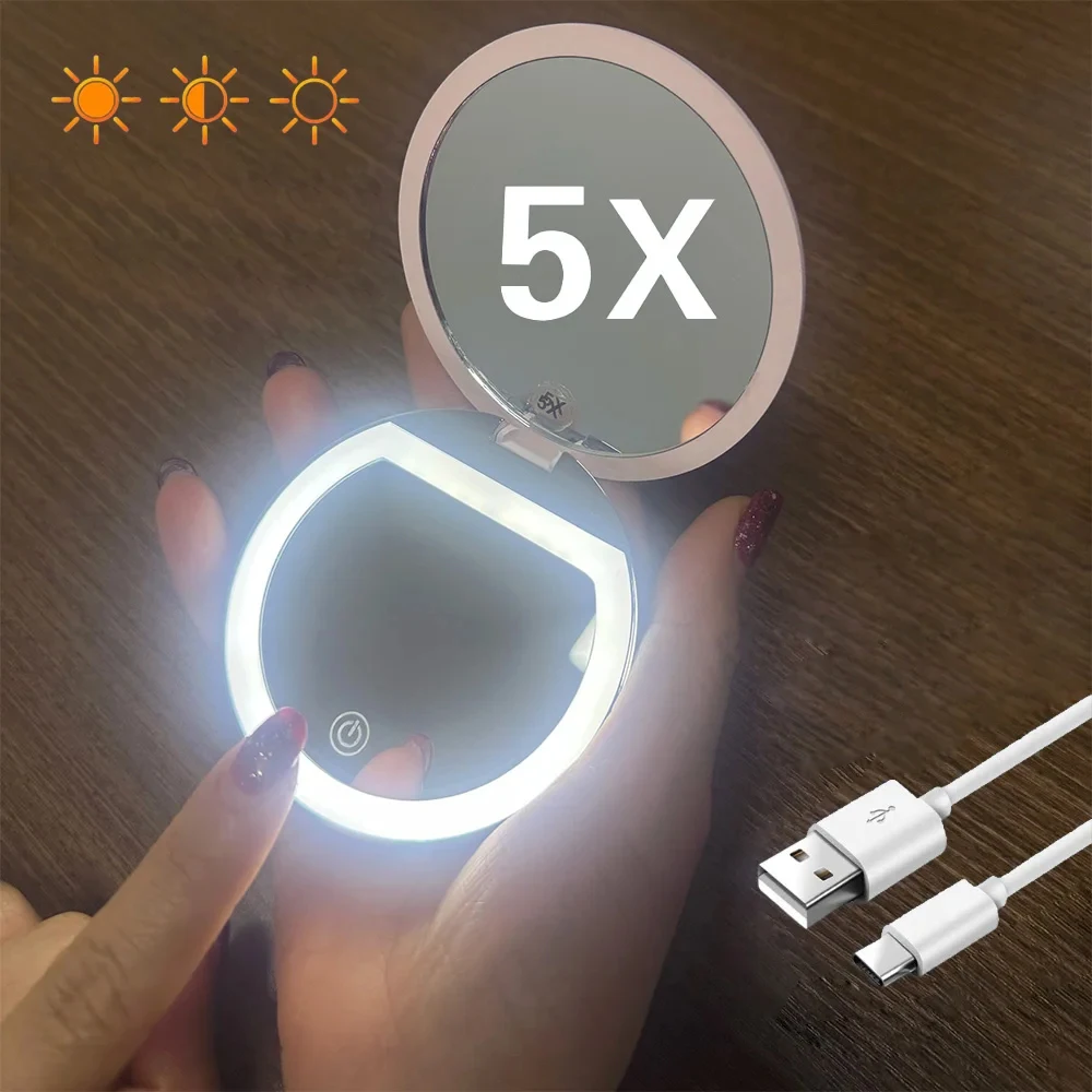 1X/5X مرآة مكياج جيب مدمجة قابلة للطي للسفر مع ضوء 3 ألوان مرآة لمستحضرات التجميل المحمولة القابلة لإعادة الشحن