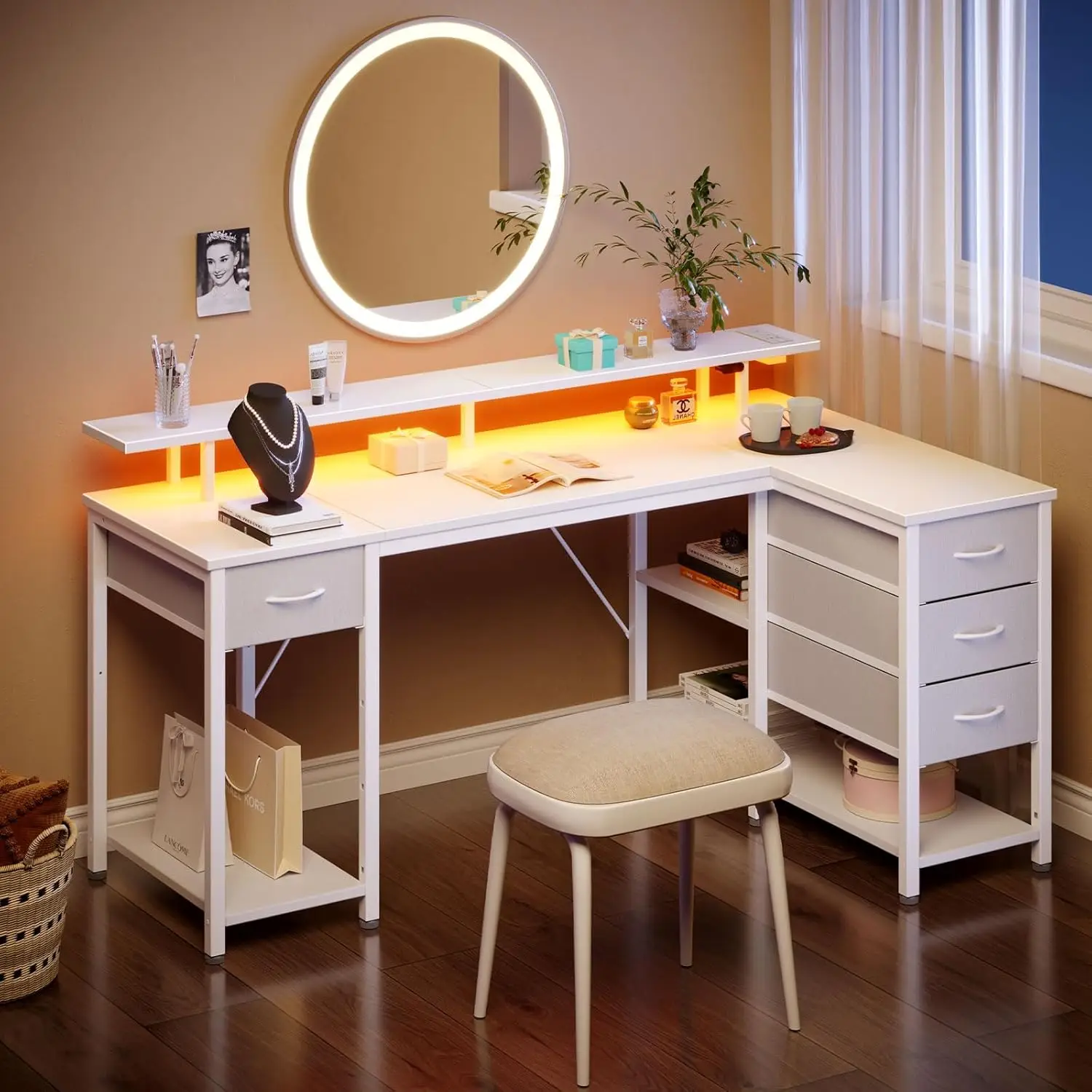 

Seventable Gaming Desk 47.2" with LED Lights & Power Outlets, Small L Shaped Desk with 4 Drawers, Computer Desk