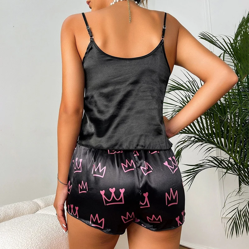 Crown Letters Print Satin Pajama Set For Women Sexy Round Neck Slip Top And Bow Decor Shorts Smooth Touch Light-Weight Sleepwear