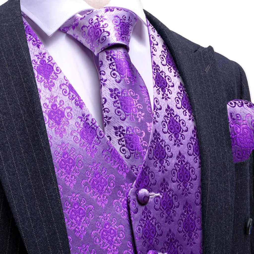 Elegant Silk Purple Vest for Men With Tie Hanky Two Real Pockets V Neck Waistcoat Party Formal Suits Sleeveless Barry Wang