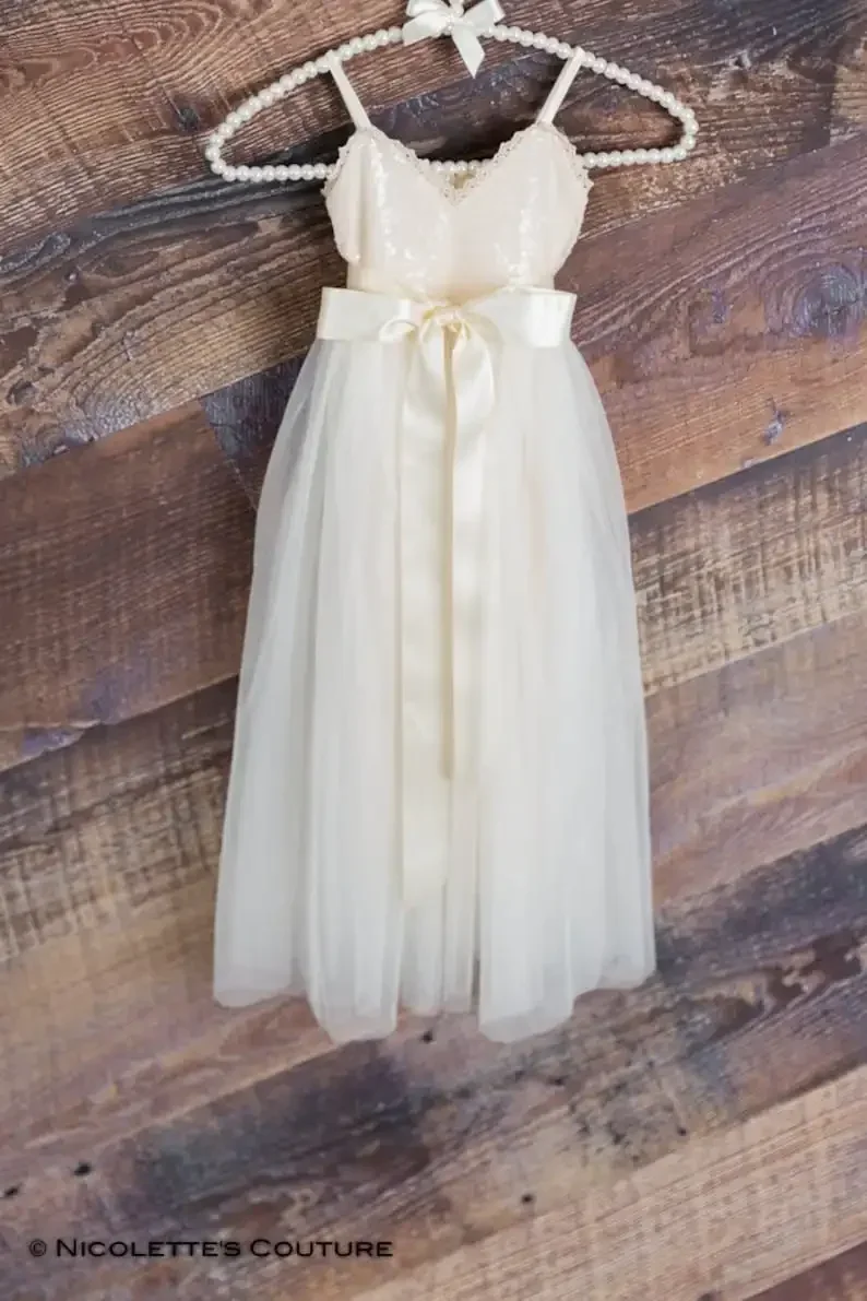 Romantic girls party dress wedding princess Party Gowns Kids Gown Tulle Flower Girl Dress, Ivory Rustic Boho Chic Baby Dresses