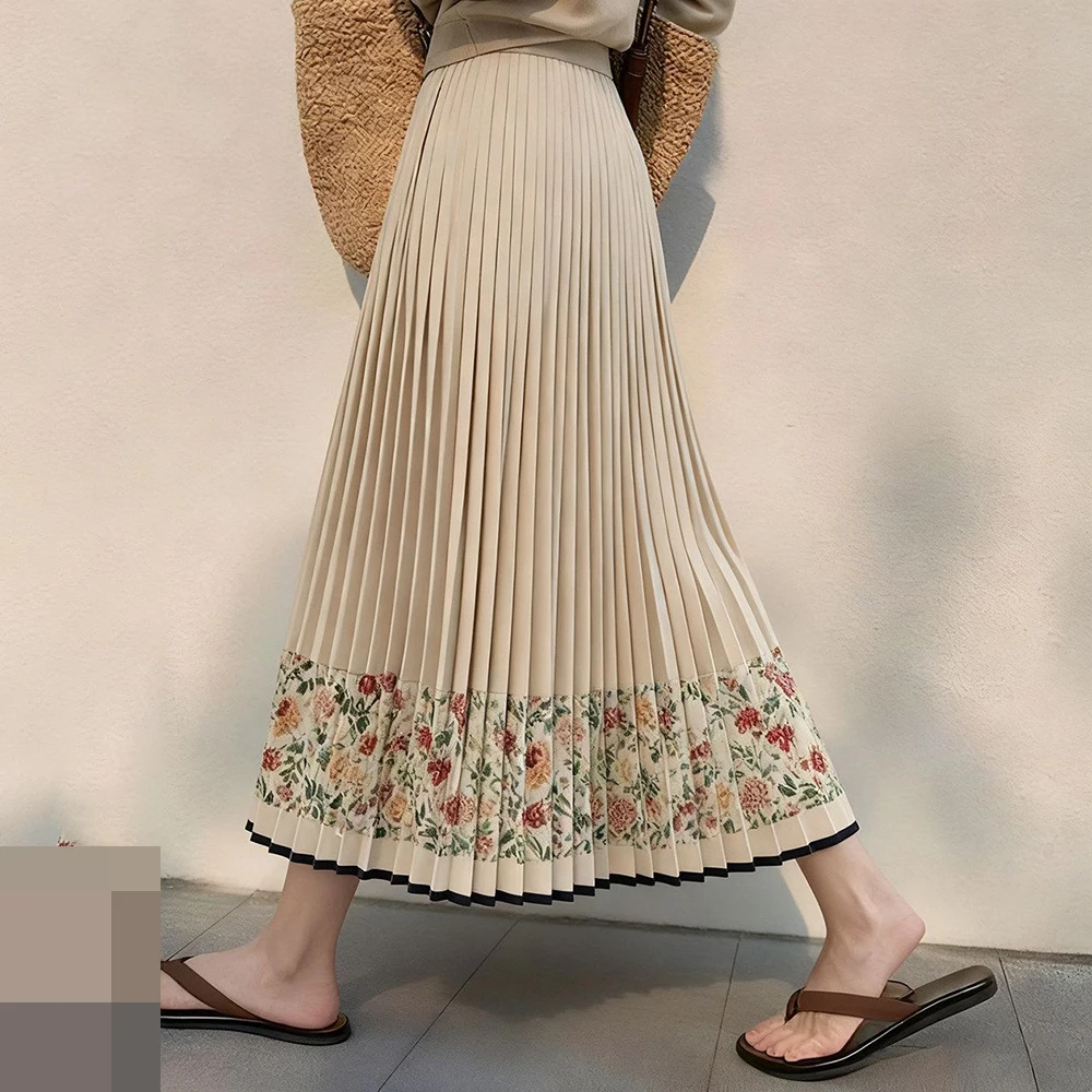 High waist white skirt pattern retro Chinese vertical national style new printed pleated version commuter pleated skirt