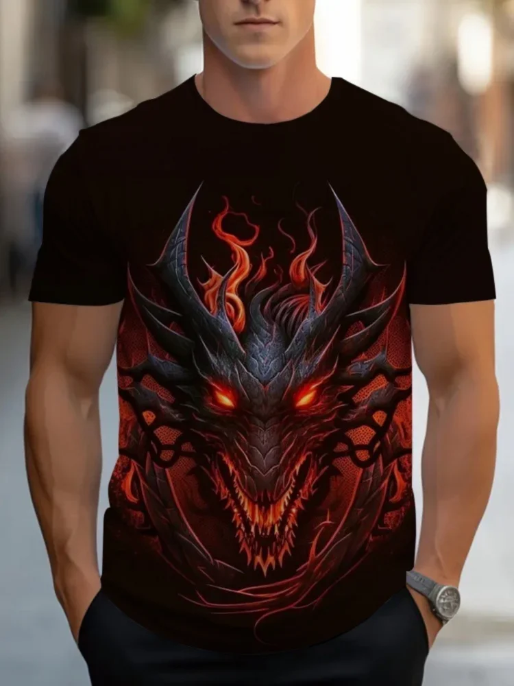 Fashion Men Red Fire Dragon Graphic Tee Gothic Fantasy Streetwear Casual Short Sleeve Tops Cool Mythical Creature Print T Shirt
