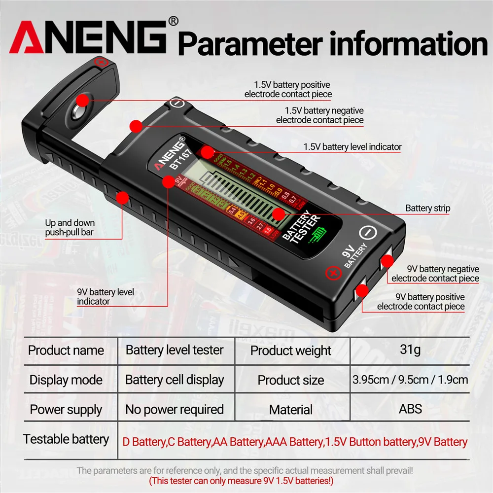 AA AAA 9V 버튼 용 조정 가능한 배터리 테스터 볼트 검사기 다중 크기 범용 배터리 테스터 전압 측정기 도구