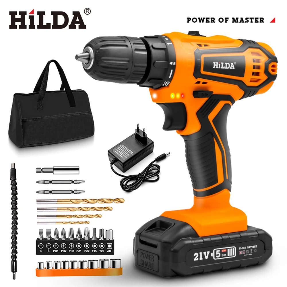 HILDA 21V Mini Wireless Power Driver DC Lithium-Ion Battery Power Tools Cordless Drill Electric Screwdriver