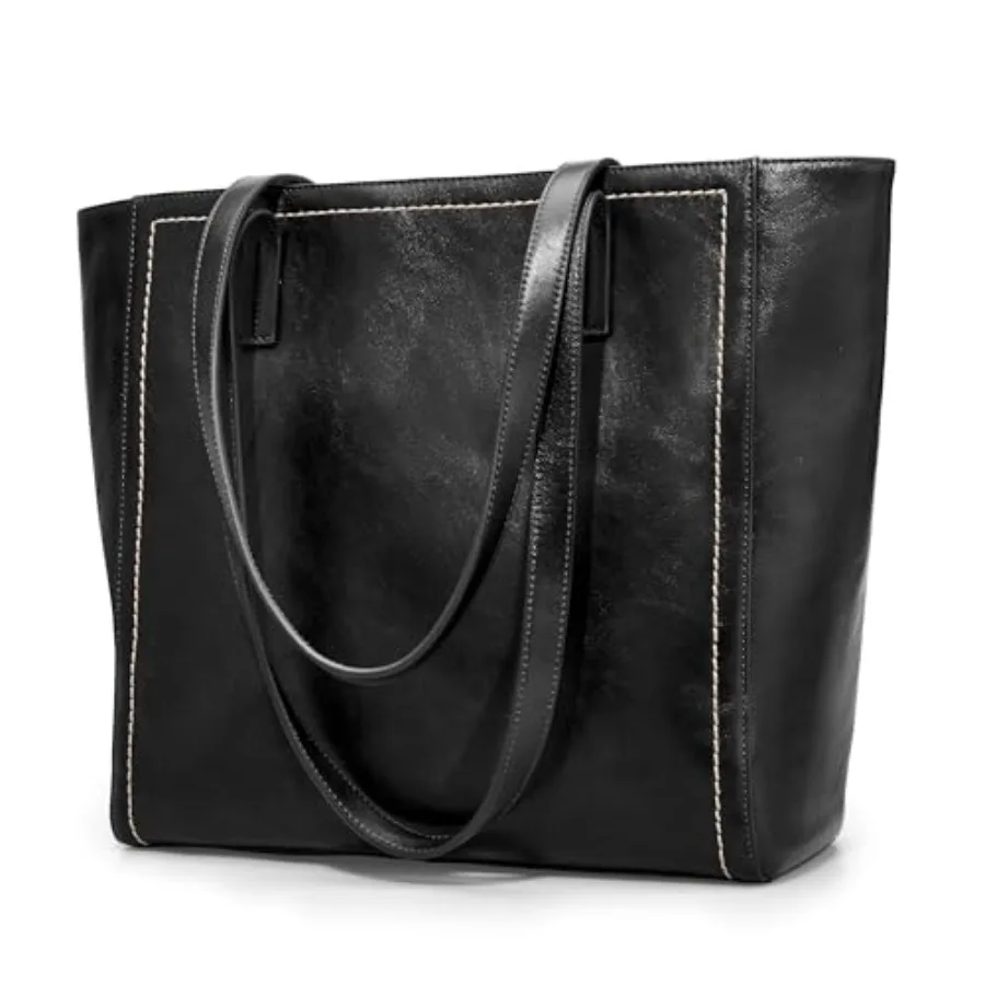 

Vintage Genuine Leather Work Tote Bag for Women Large Tote with Zipper Leather Purse and Handbags with Compartment Brown