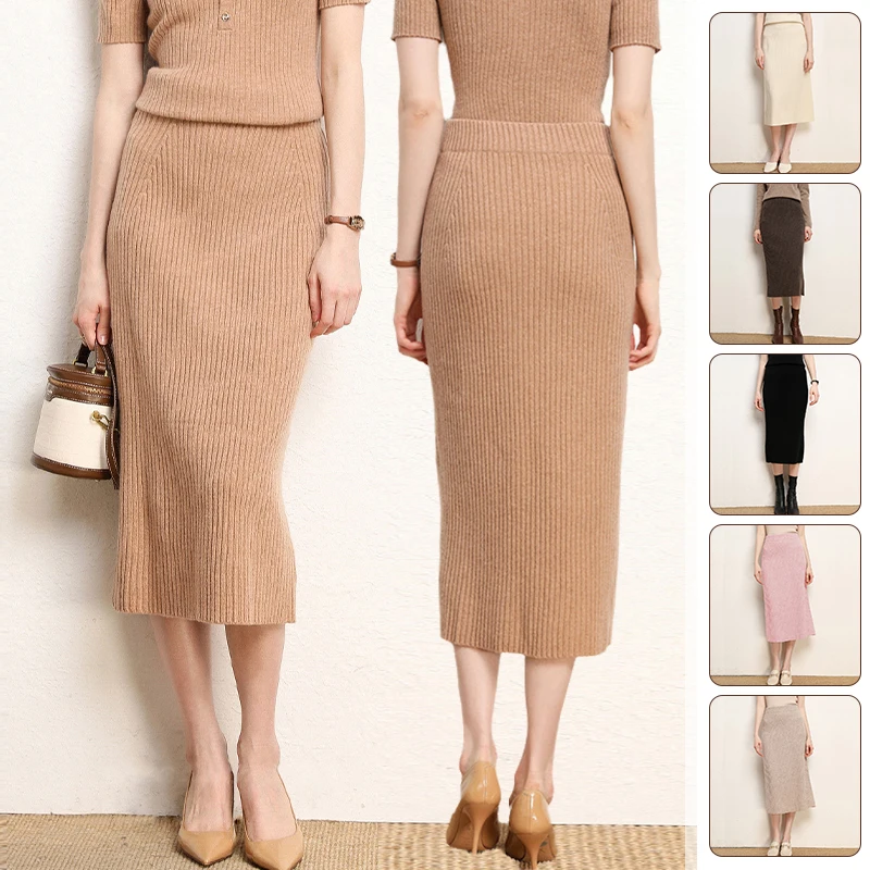 

Women Autumn Winter Wool Skirt Lady Long Woolen Skirt High Waist Long Skirt Elastic Knitwear Grace Soft Dress