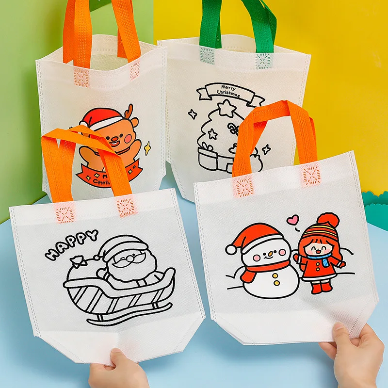 Cartoon Christmas Graffiti Tote Bag Childrens Handmade DIY Coloring Painting Bag Christmas Event Gift Bag