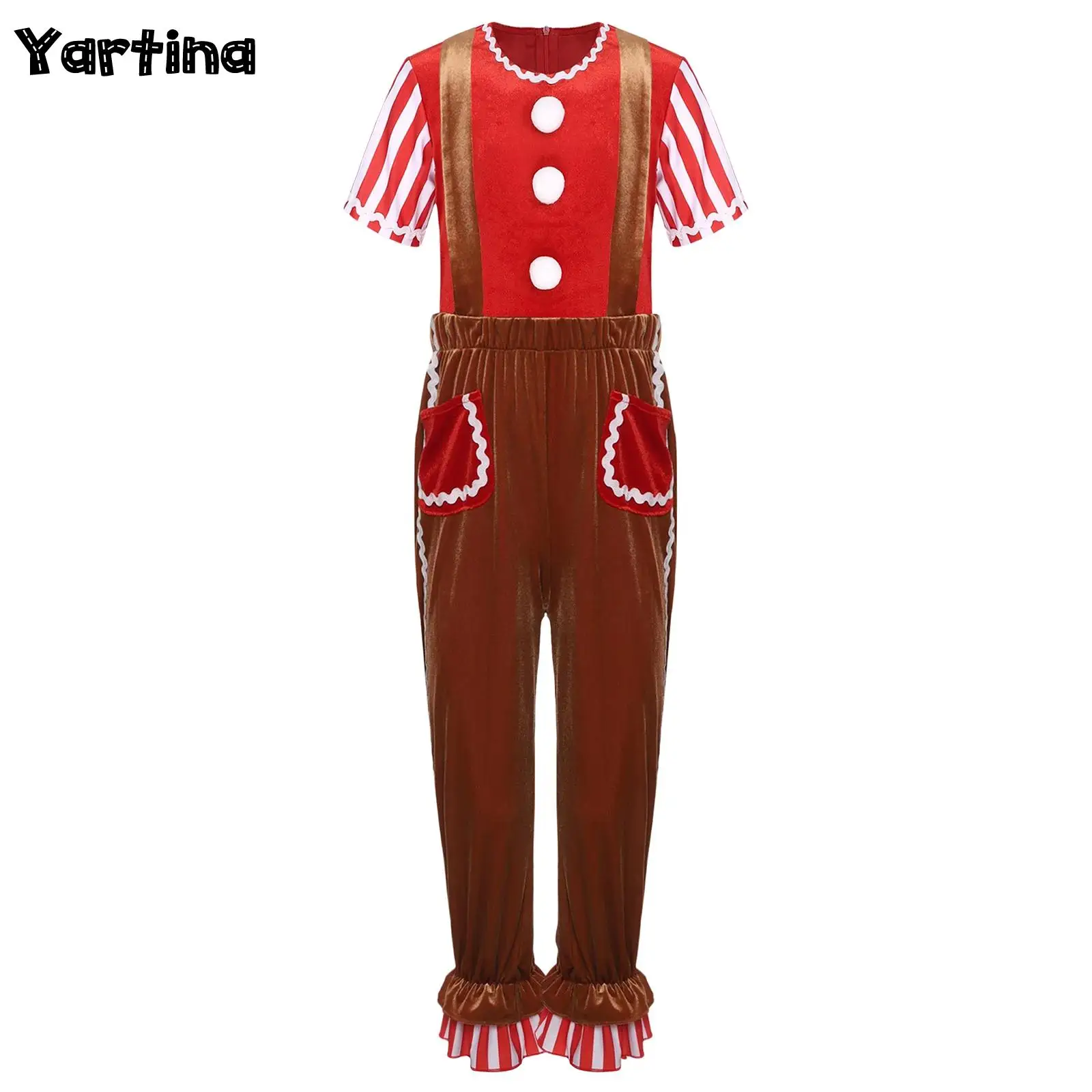

Christmas Gingerbread Man Costume Stripes Pompoms Gingerbread Elves T-shirt with Suspender Pants Halloween Dress Up Costume