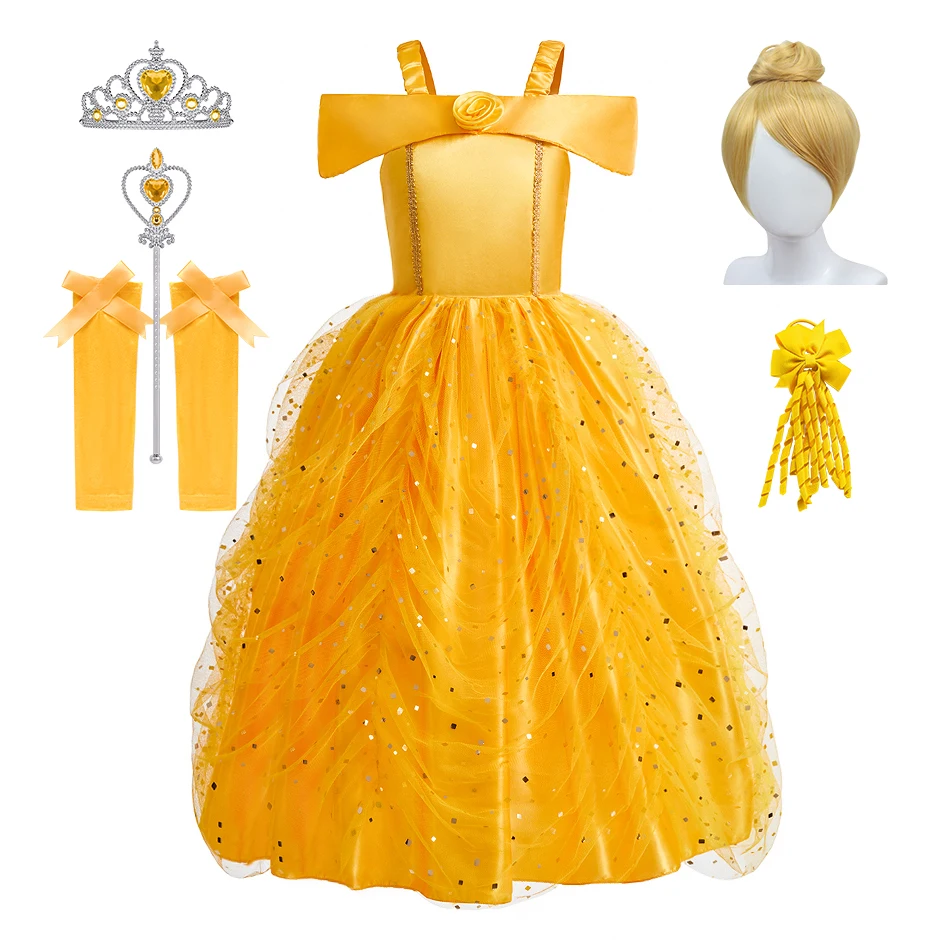 

Kids Belle Princess Cosplay Clothes Teens Queen Outfit Halloween Costume Girl Princess Dresses Child Carnival Party Ball Gown