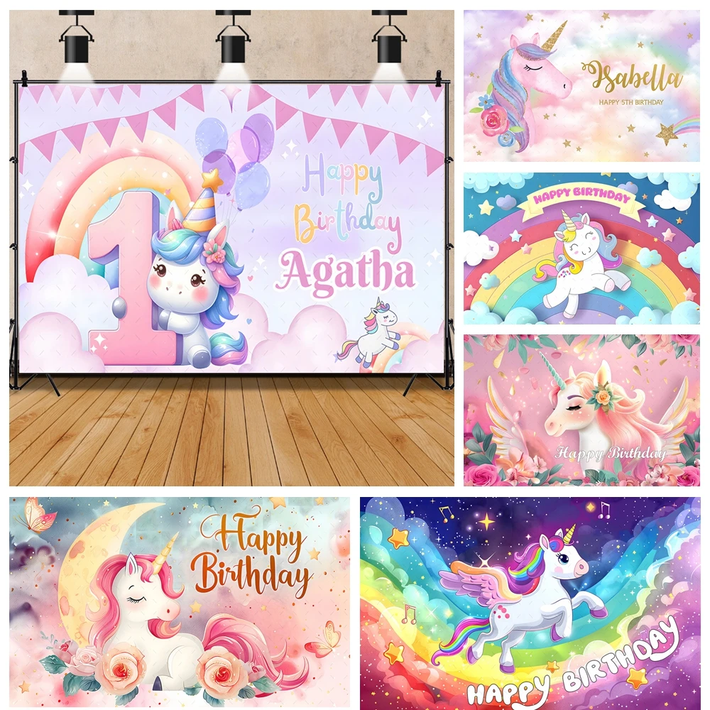 Cartoon Rainbow Unicorn Glitter Flower Girls Birthday Party Banner Backdrop Custom Baby Room Photography Poster Decor Background