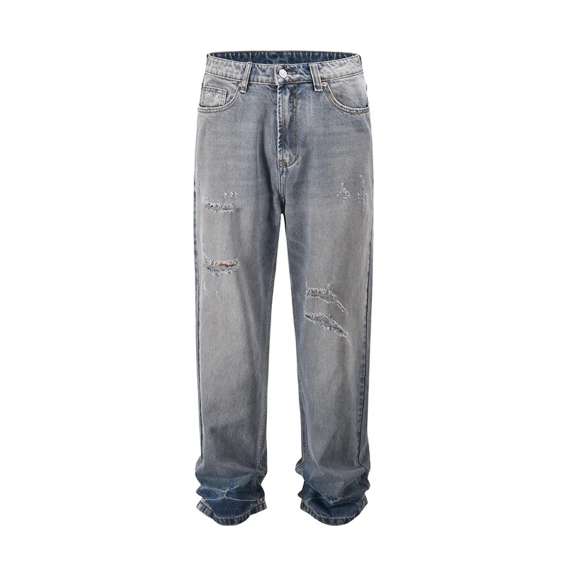 

2023 Blue Gray Top Grade Washed Series Jeans Men Women Vintage Distressed Design Straight Leg Pants Four Seasons Clothing
