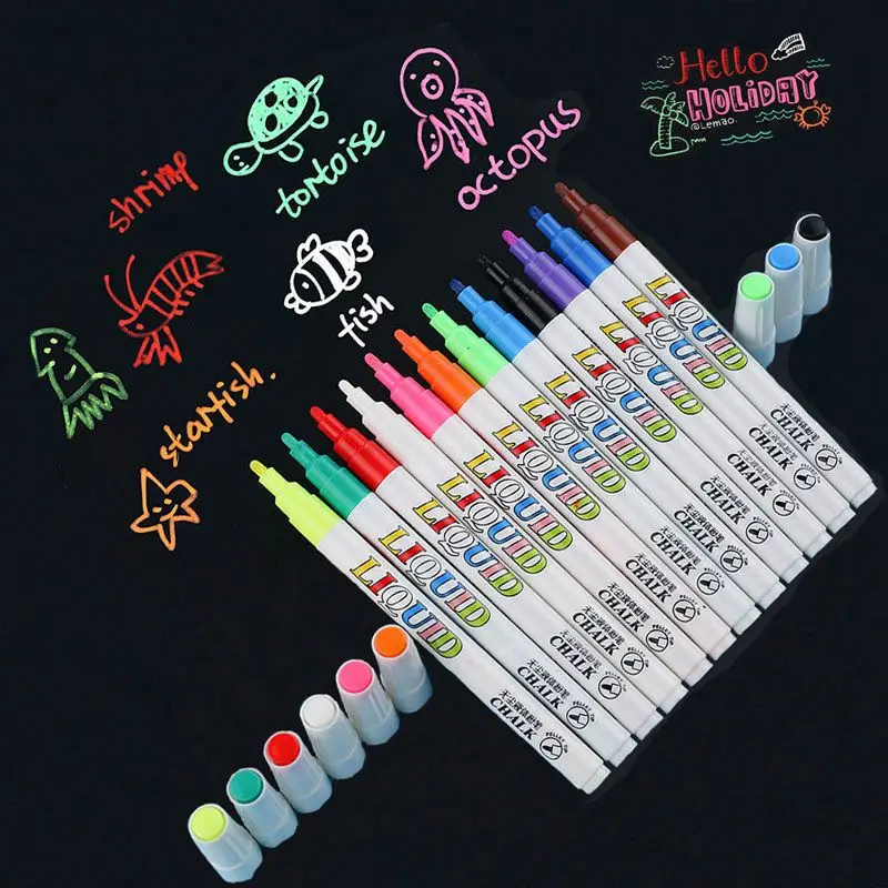 12 Color/set Liquid Erasable Chalk Markers Pen Bright Neon Pens For Glass Windows Blackboard Markers Teaching Tools Office