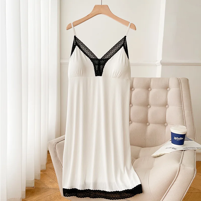 Modal Female Nightgown Sleepwear Spring Summer Suspender Nightdress Intimate Lingerie Sexy Lace Nightwear Loose Home Dress