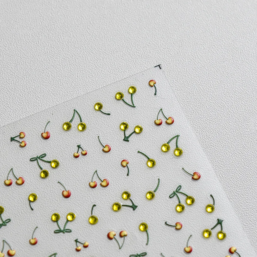 5D kabartmalı kiraz Nail Art Sticker sevimli şeker kristal elmas parlak pembe kırmızı sarı manikür kabartma etiket DIY tırnak çıkartmaları