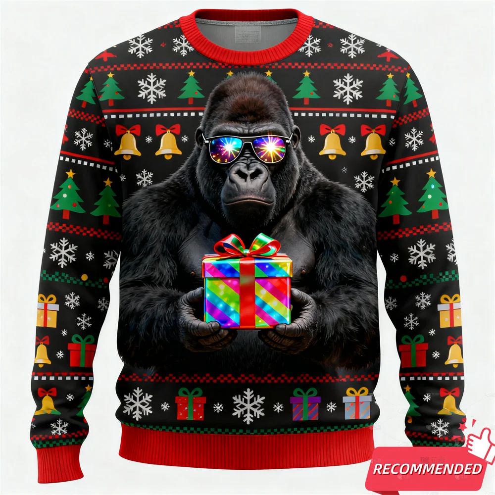 2025 عيد ميلاد سعيد الحيوان بلوزات قبيحة مضحك الغوريلا البطريق ثلاثية الأبعاد طباعة بلوزات للنساء ملابس رجالي رياضية طاقم الرقبة