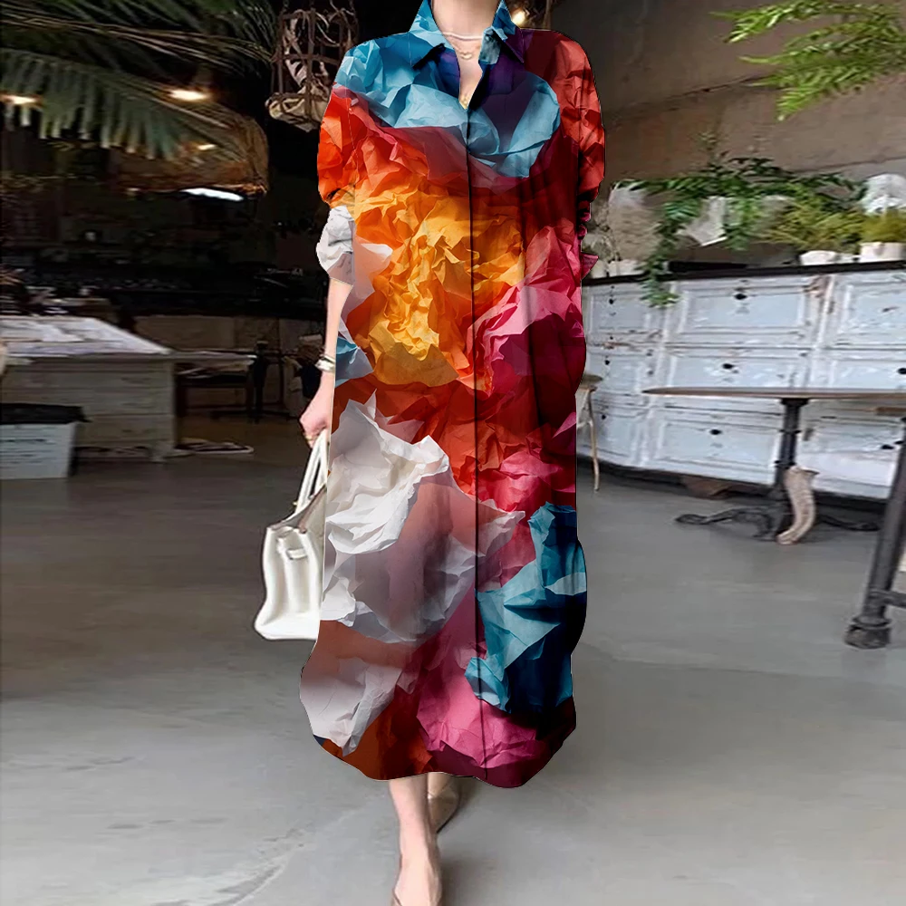 Chic Irregular Rainbow Colour Printed Shirt Neck Dress Women's Casual Long Sleeve Mid-Length Dress Elegant Evening Party Gown