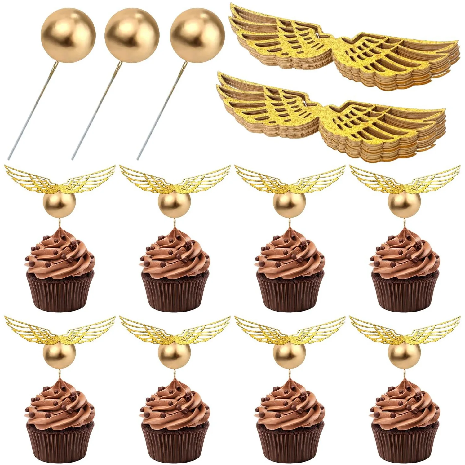 70PCS Wizard Cupcake Toppers Magical Wizard Golden Wings Birthday Party Cake Decorations Supplies for Kids BoysGirls Baby Shower