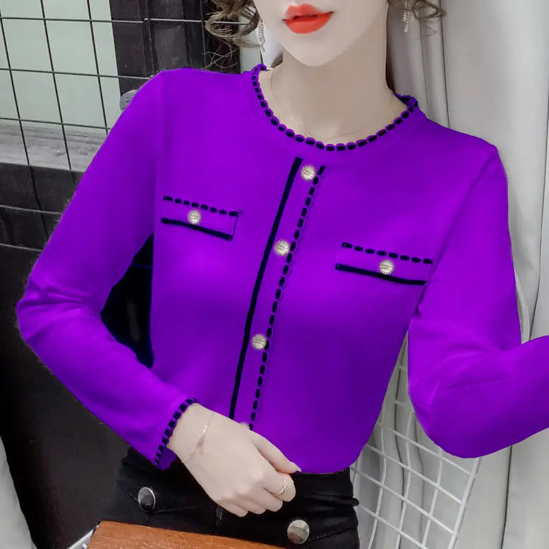 2024 Spring Autumn New Temperament Patchwork Slim Knitting Bottoming Shirt Interior Lapping Ladies Sweater Top Tee Women Clothes