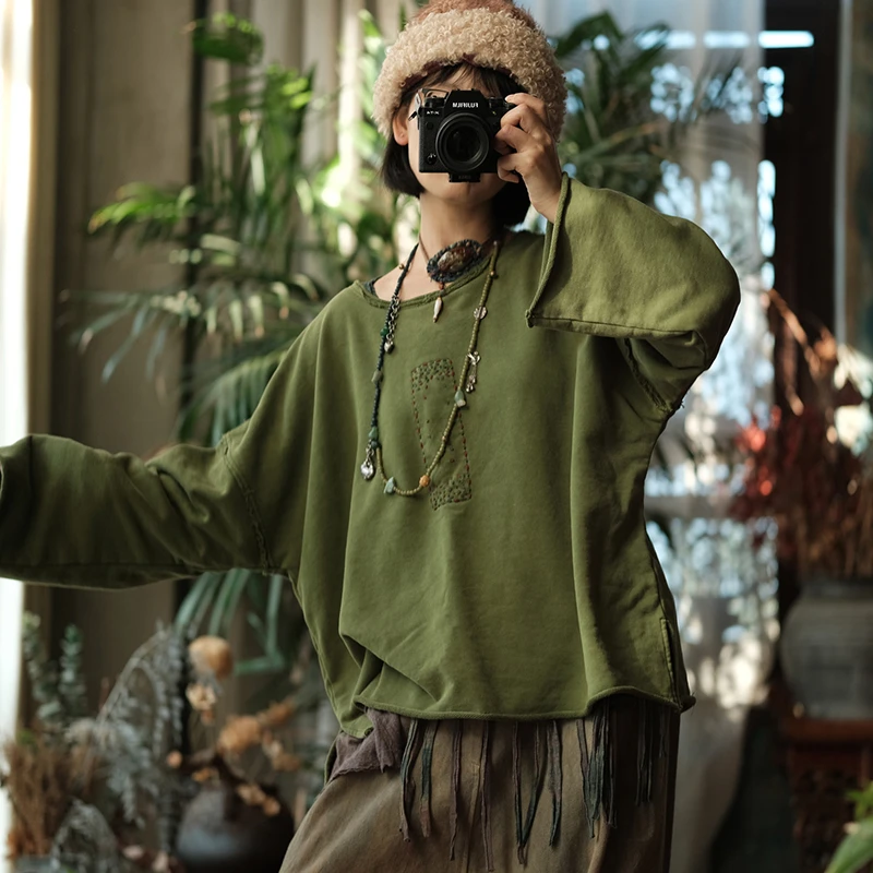 

100% Cotton Women Casual T-shirts New 2025 Autumn Vintage Style O-neck Solid Color Oversized Female Long Sleeve Tops Tees M2096