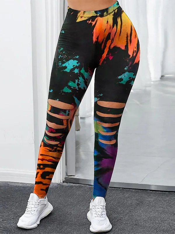 Yogabroek met hoge taille Dames Slim Fit Uitgehold Veelzijdig ey Elastici Basislaagbroek Faionable Gescheurd ontwerp Sport