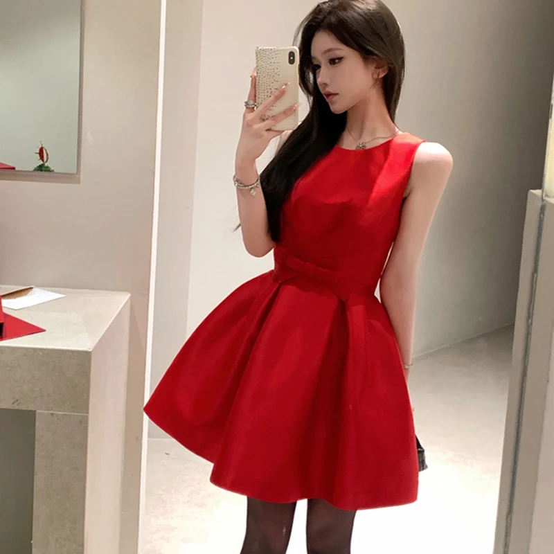 

French Style Fashion Sweet Bowknot Party Mini Dresses For Women O-Neck Sleeveless High Waist Red Female Dress 2025 Vestidos