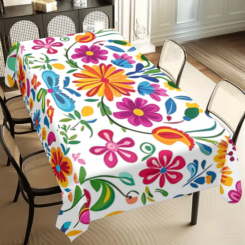 1pc Rectangular Tablecloth White Colorful Floral Print Table Cover For Dining Kitchen Party Decoration