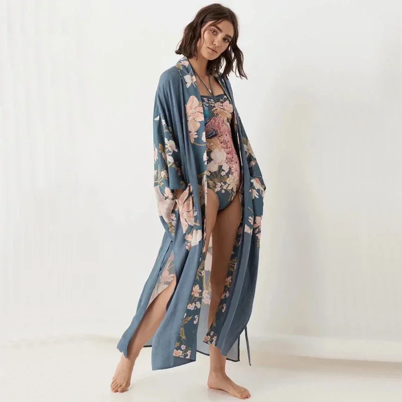 

Vintage Japanese Yukata Kimono Peacock Floral Print Sashes Robe Women V Neck Cardigan Bathrobe Ladies Beach Bikin Cover-up