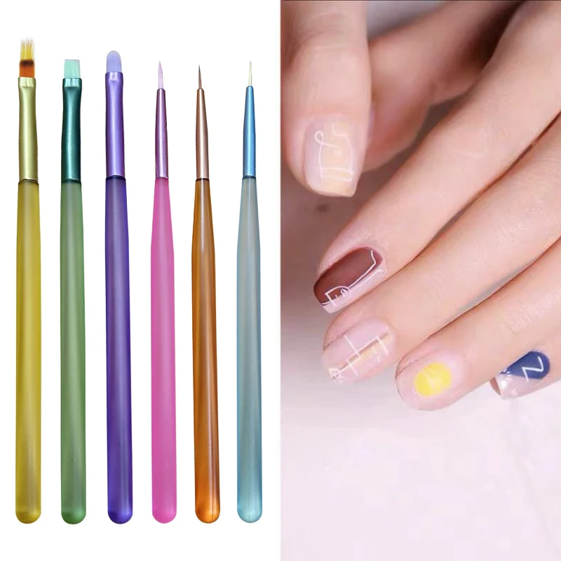 6pcs/Set Dopamine Nail Art Brush Design Tip Painting Carving Dotting Pen Flatfan Liner Acrylic Gel Uv Polish Manicure Tools