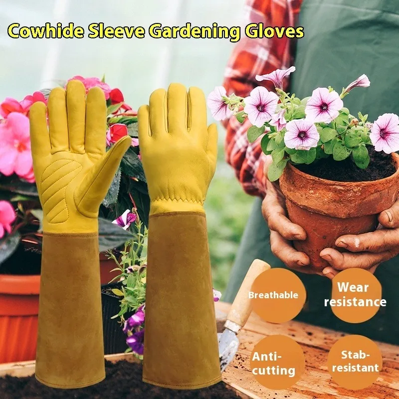 Cowhide Gardening Gloves Long Sleeve Thorn Proof Cut Resistant Welding Work Glove Heavy Duty Beekeeping Plant Protective Gauntle