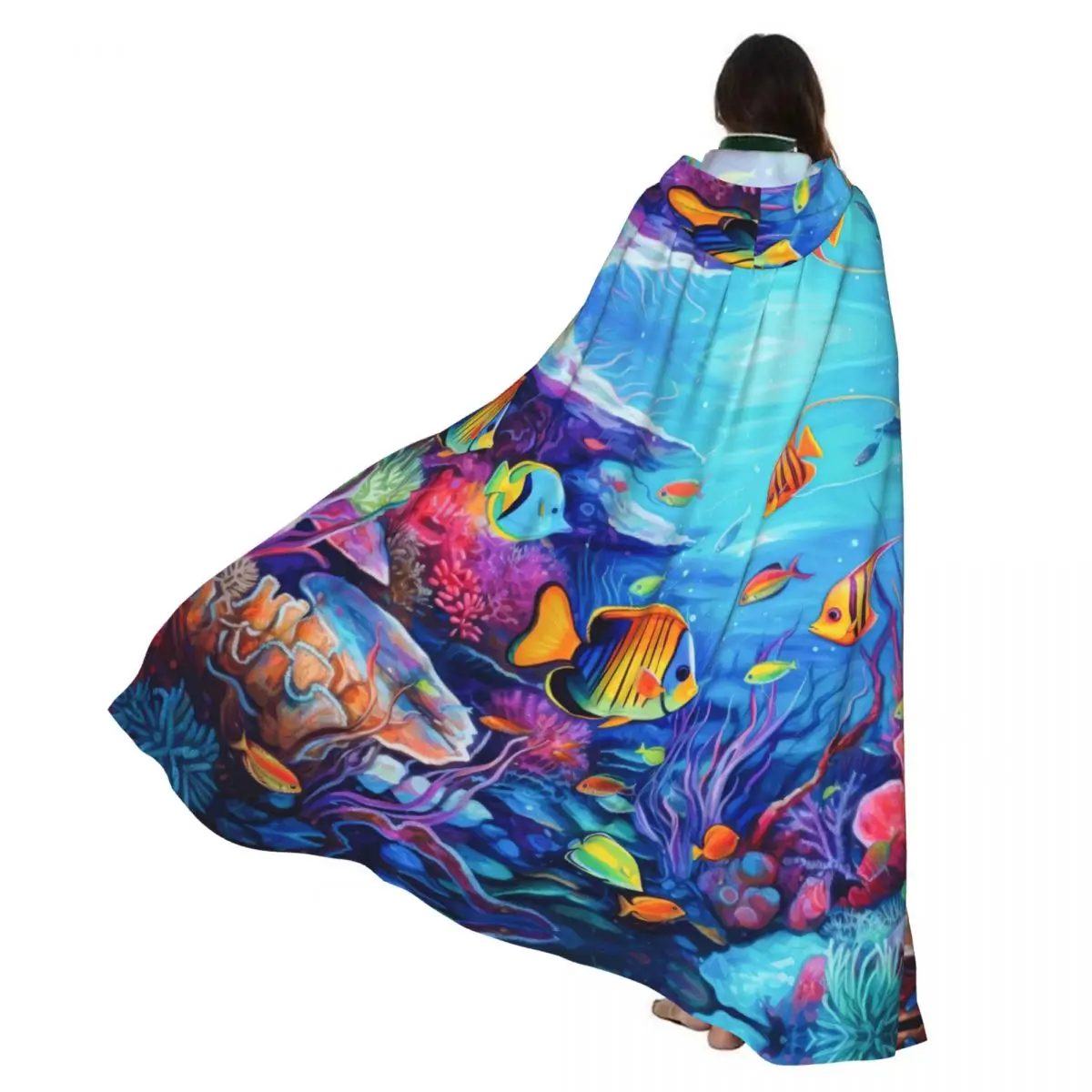 

Witch Cloak Colorful Tropical Fish Underwater Print Halloween Cosplay Costume Unisex Adult Cloak Retro Ages Cape