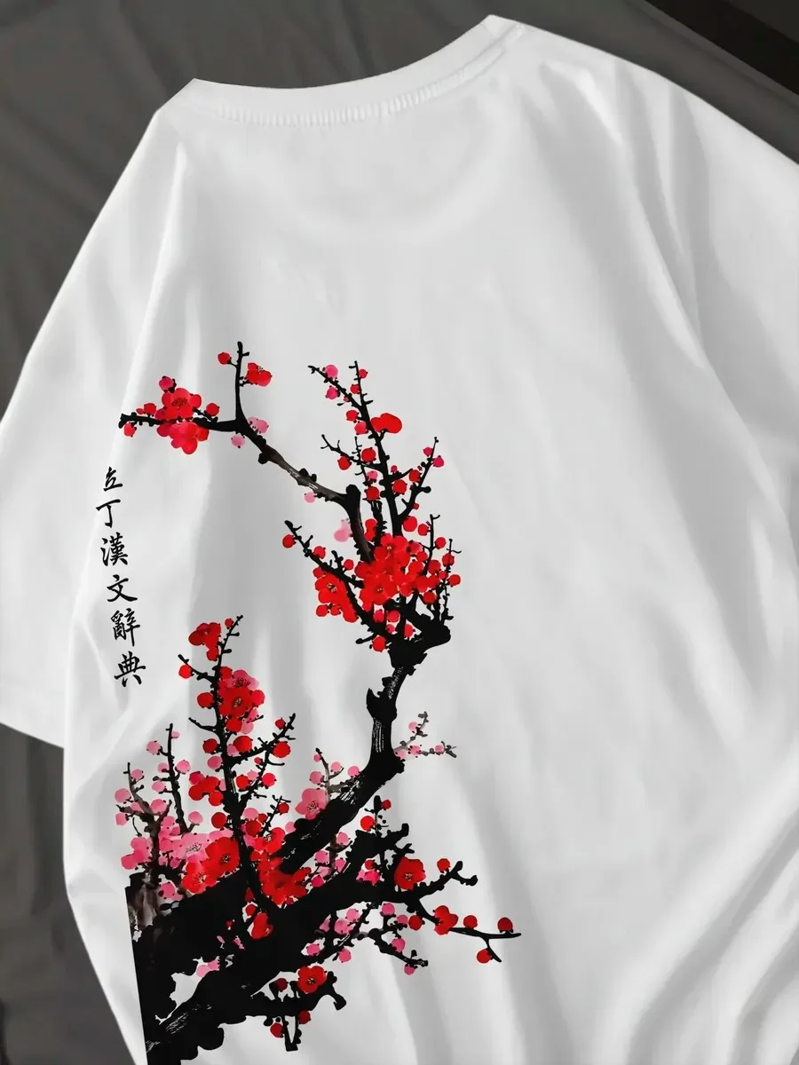 Japanese Style Red Plum Blossom T-Shirt Women  Kanji Calligraphy Graphic Print Loose Cotton Short Sleeve Vintage Harajuku Tee