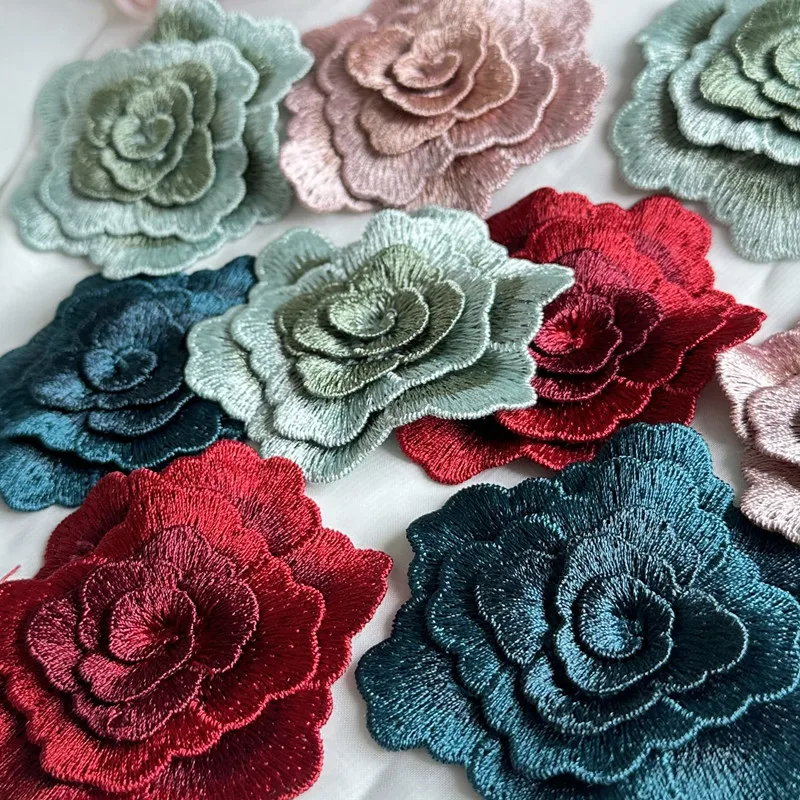 3Ps 8CM Green Wine 3d Rose Flower Patches Embroidery African Lace Applique Sewing On Clothes Wedding Dress Cap Decor Patch Diy