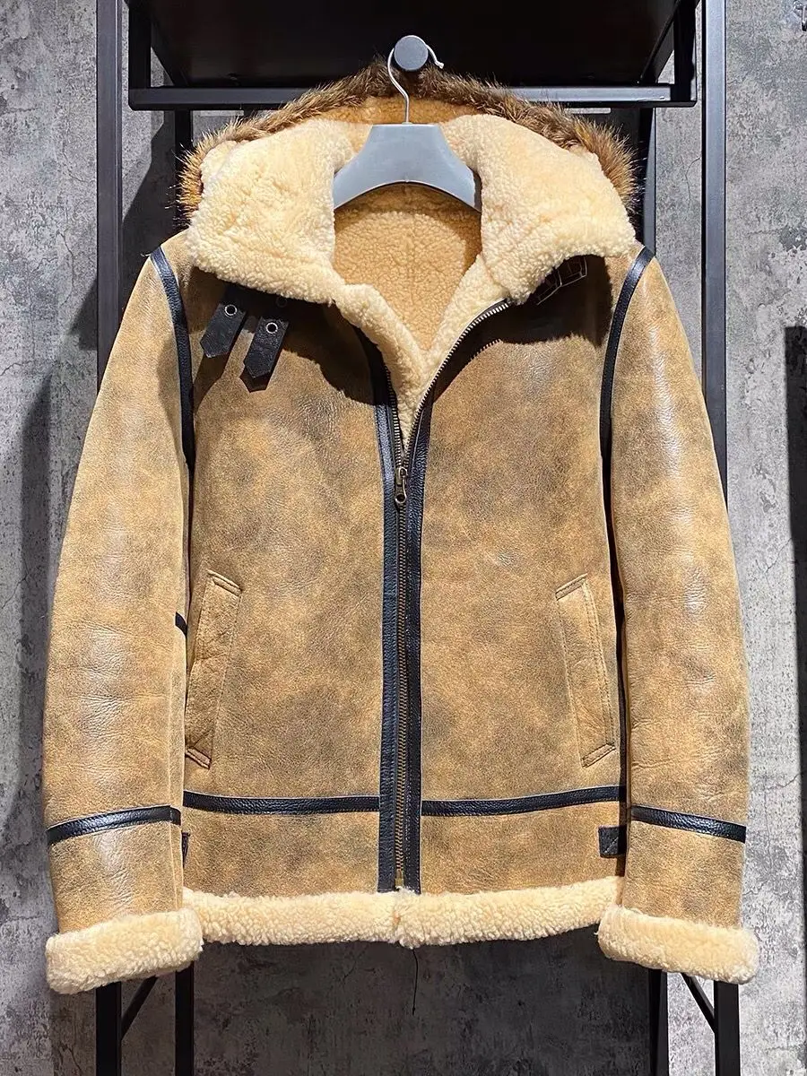 Winter Clothes For Men Genuine Leather Lambskin Shearling Coat 100% Real Wool Liner Natural Large Fur Hoodie Male Bomber Jacket