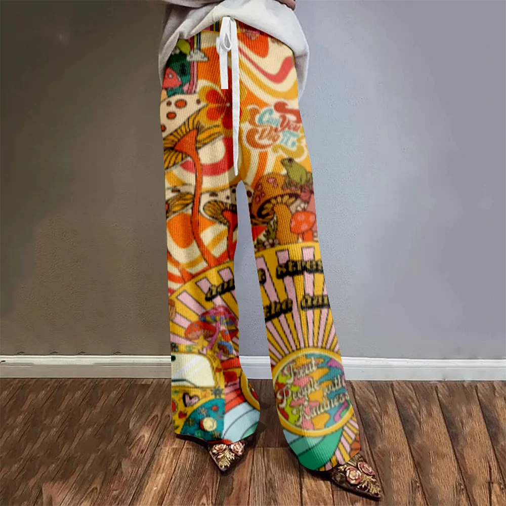 Rainbow Floral Print Casual Wide Leg Pants Harajuku Sunflower Vintage Women's Trousers Boho Pants Elegent Drawstring Loose Pants