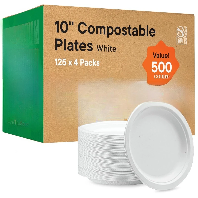 100% Compostable Paper Plates  Natural White Color Unbleached Bagasse Sugarcane Plates - [Case 4/125 Pack]