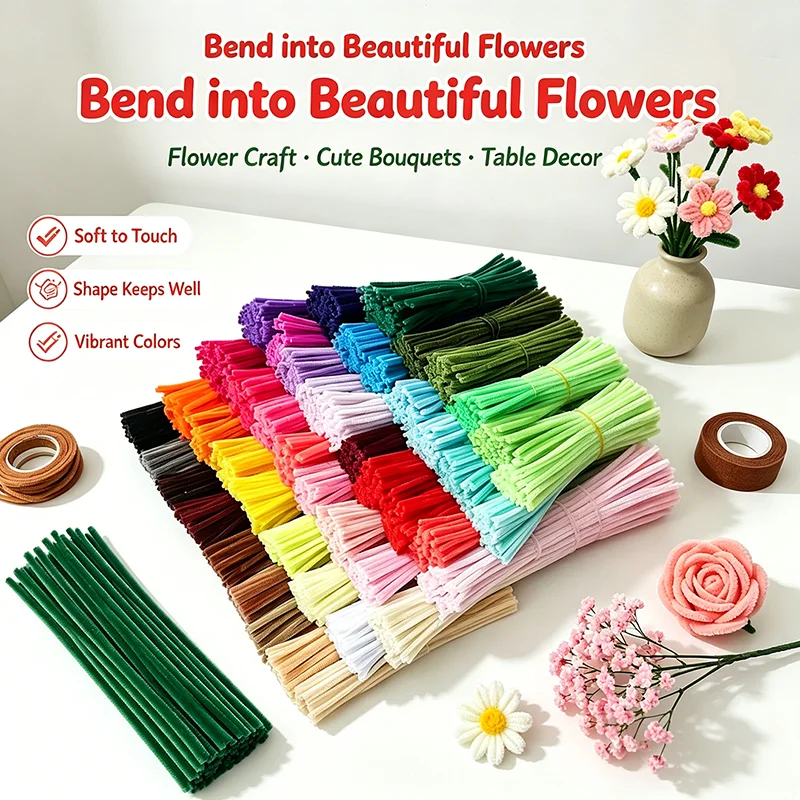 100Pcs Colorful Chenille Stems Pipe Cleaners Plush Twist Sticks DIY Handmade Craft Supplies Educational Christmas Gifts