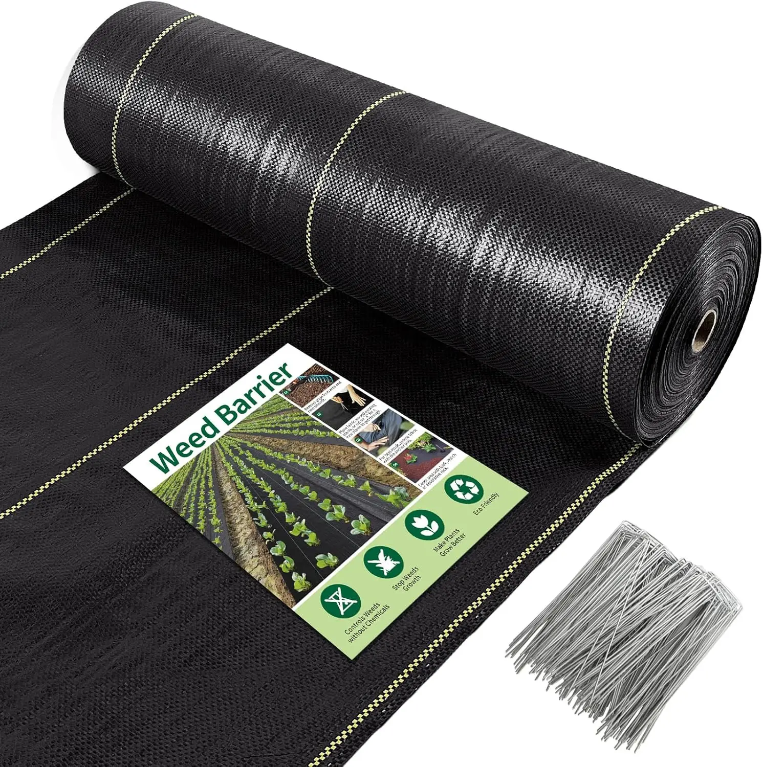 

Heavy Duty 5ft x 300ft Weed Barrier Fabric with 90 Staples, Professional Woven Ground Cover for Driveway, Garden, Yard, Greenhouse