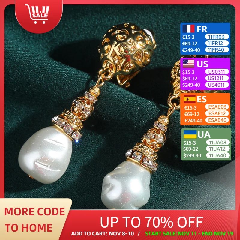 

Vintage Baroque Pearl Pendant Drop Earrings Gold Color Hollow Woman Antique Elegant Uxury Designer Jewelry Zircon Wedding New