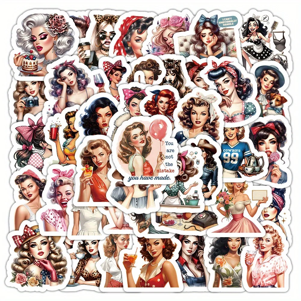 104 Stück Vintage-Beauty-Aufkleber, wasserfeste selbstklebende Aufkleber für Telefone, Becher und Sammelalben (Retro-Pin-up-Girl-Kollektion)