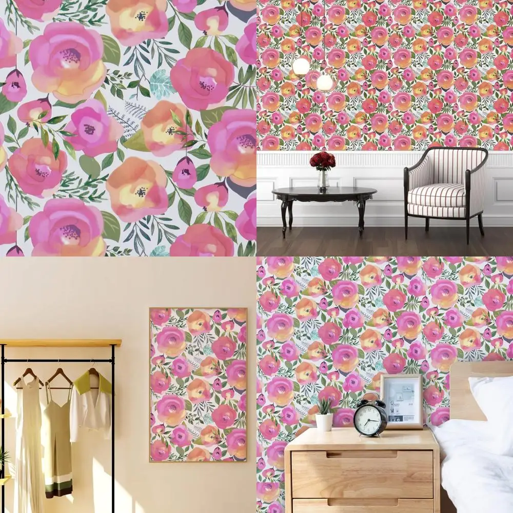 ورق جدران قابل للإزالة بألوان مائية وزهور وردية خوخي لخزانة الملابس - 17.7 × 1181، تصميم قابل للتقشير واللصق