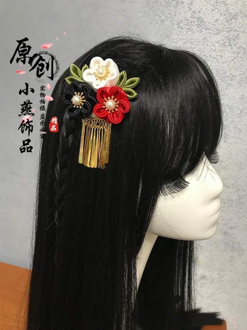 Horquilla para el pelo estilo Kimono japonés para niña, accesorios para el cabello, tocado, moño, color rojo SAKURA, hecho a mano, color negro