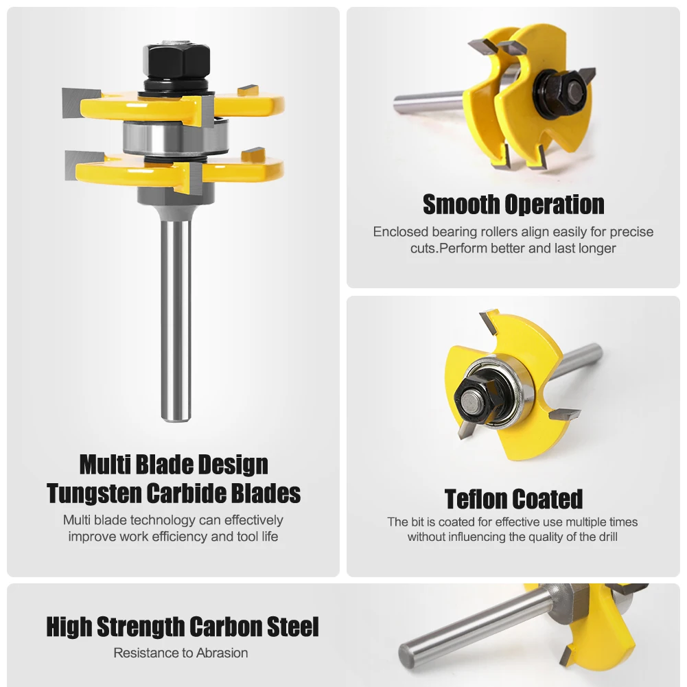 2Pcs 1/4in 1/2in 3-Tooth T-shaped Tenon Cutter Square Tooth Tenon Cutter, Tongue & Groove Joint Assemble Router Bits