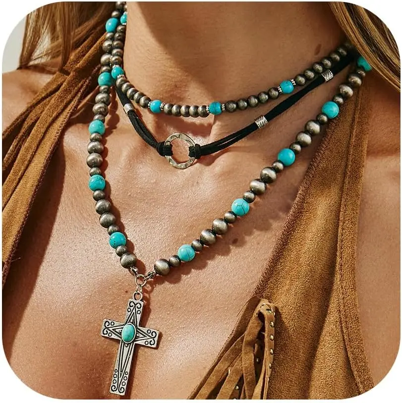 Collares Estilo Western Boho con Cruz Turquesa, Collar Navajo con Perlas, Gargantilla de Varias Capas, Joyería Cristiana Western para Mujer