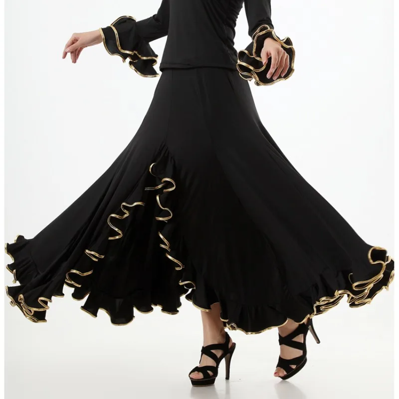 customized Modern dance big swing skirt with gold border and hip hugging national standard dance skirt half body skirt group