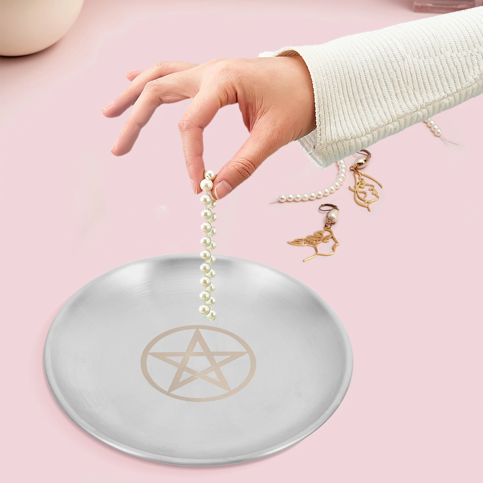 

Pentagram Altar Plate Stainless Steel Round Tray Decorative Holder For Rituals Ceremonies Wiccan Witchcraft Storage