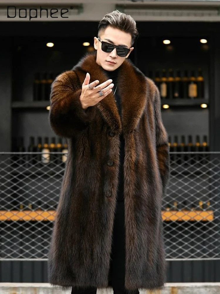 

High-end Luxurious Stylish Men's Eco-friendly Mink Fur Coat Mid-length Mink Fur Overcoat 2025 Winter New Faux Mink Fur Coats