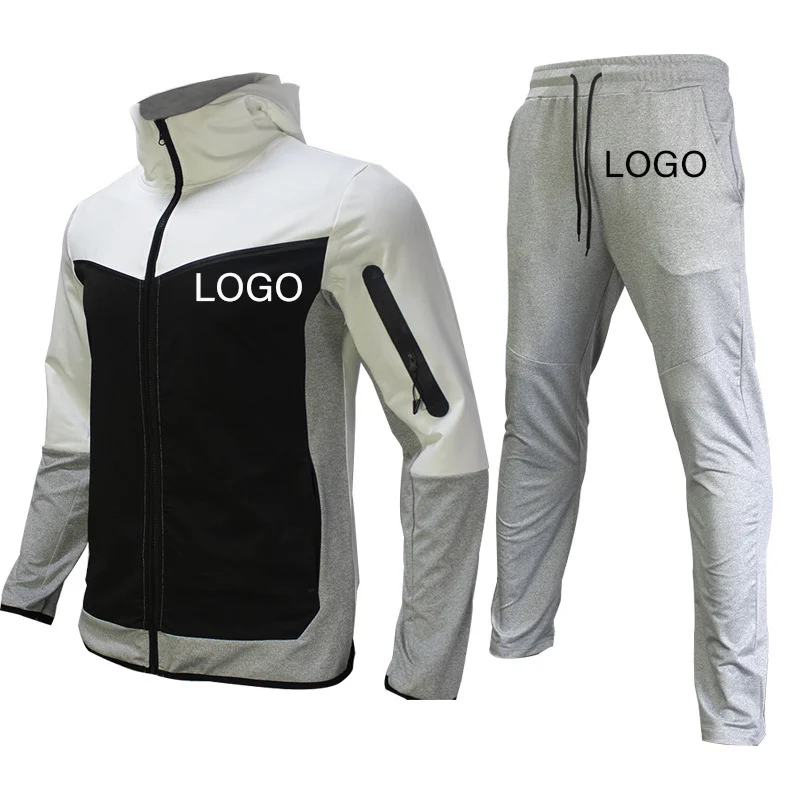 Bearbeiten Sie Ihr Logo Herren Trainings anzug 2 Stück Sport Set Joggen und Hoodies Langarm Mantel Reiß verschluss Patchwork Kleidung