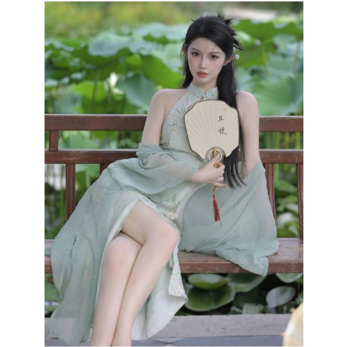

New Chinese Style Green Halter Dress Women's Summer Cheongsam Zen Elegant Open Shoulder Long Dress