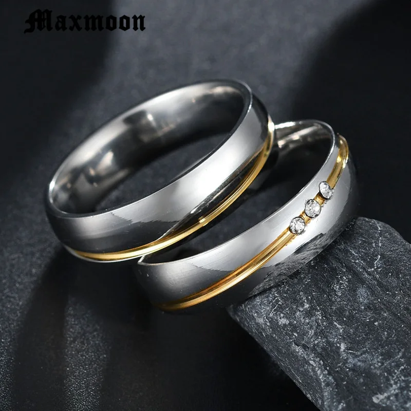 Maxmoon  2019 New  Gold color Stainless Steel Wedding Bands Shiny Crystal Ring for Female Male Jewelry 6mm Engagement Ring